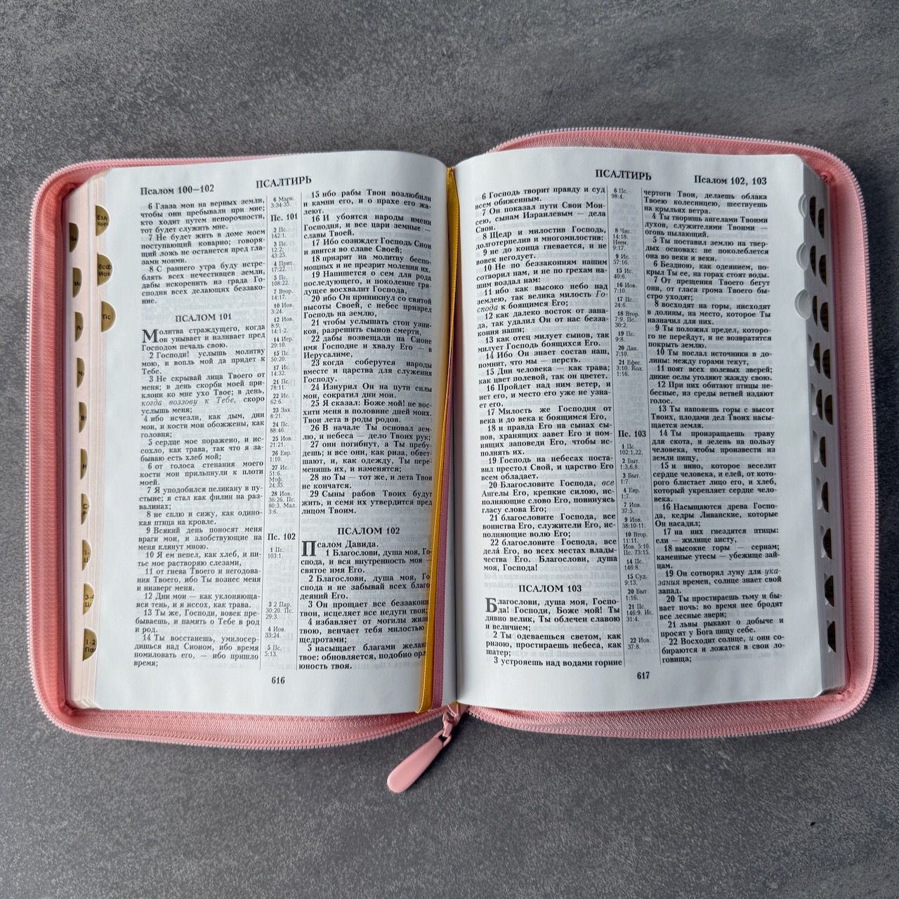 Дисконт №1 на задней стороне белая точка справа по центру. Библия 076zti код 25076-40, дизайн "розово-золотое сердце", переплет из эко кожи на молнии с индексами,  цвет розовый, размер 170x240 мм