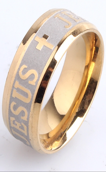Кольцо, материал сталь, 18 размер  (американский 8), КРЕСТ и надпись "JESUS" ,  цвет "золото" металлик