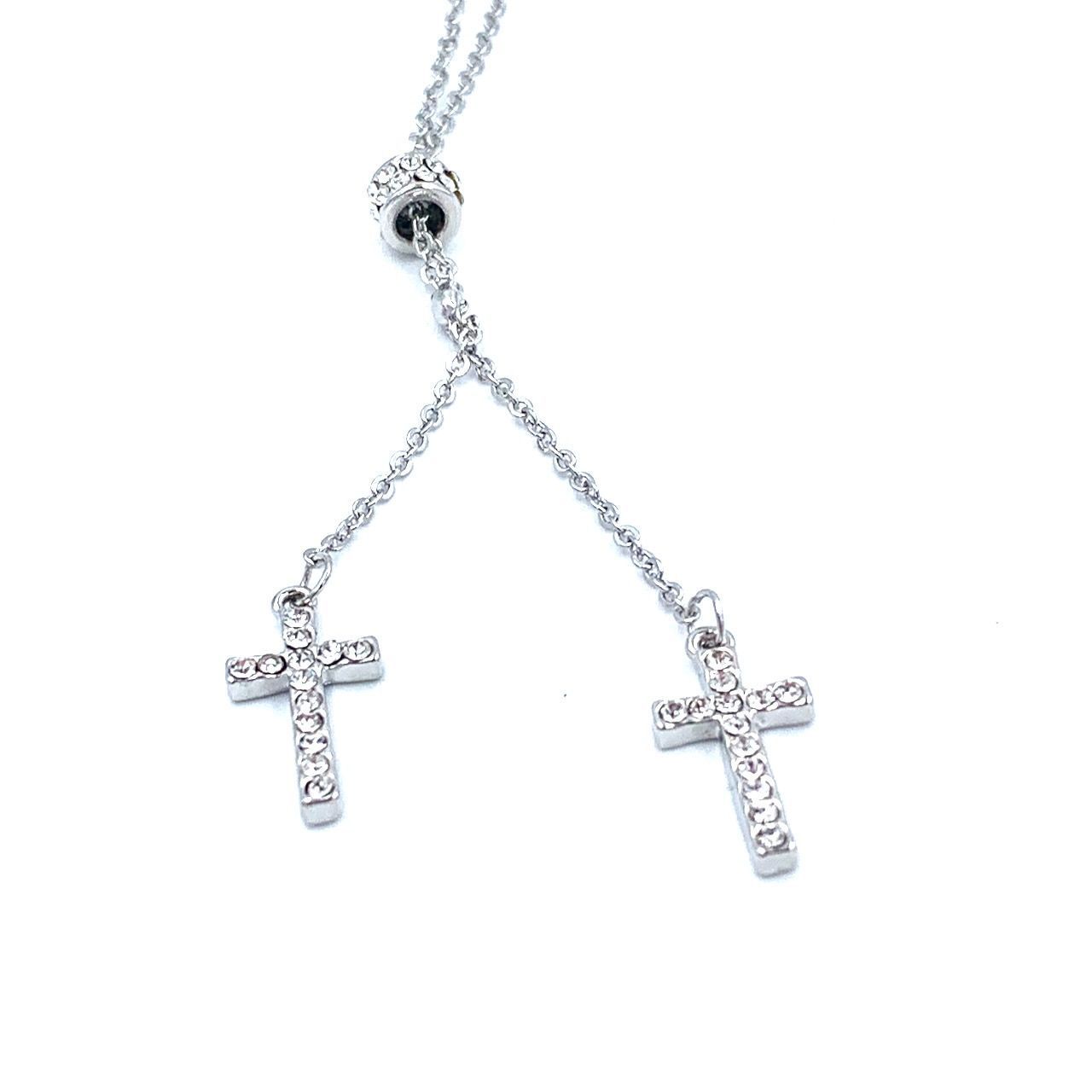 Кулон серебряный "два крестика со стразами" (10*18 мм) на цепочке с небольшими звеньями  (длина 46 + 5 см)