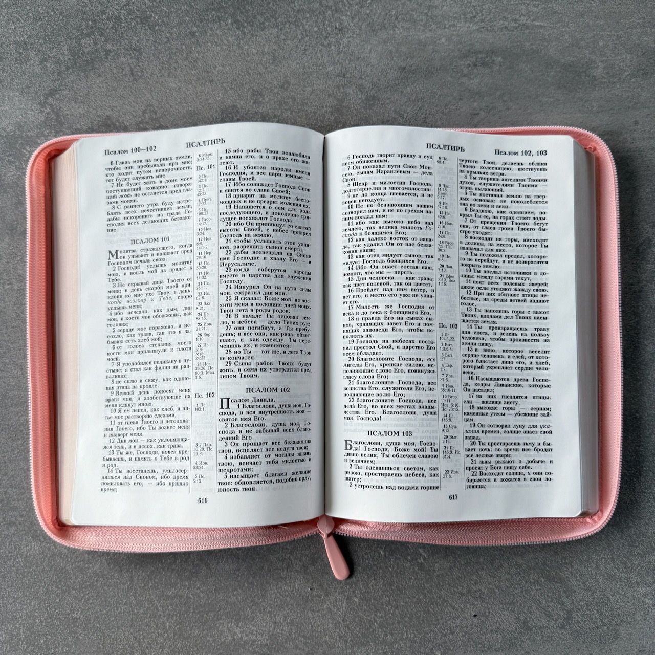 Дисконт №2. Синее пятнышко с задней стороны обложки. Библия 076z код 25076-45, дизайн "розово-золотое сердце", переплет из эко кожи на молнии,  цвет розово-золотой, размер 170x240 мм