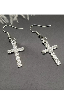 Сережки-подвески "Крест со стразами" (пара, 2 шт), размер 27*15 мм, цвет "серебро"