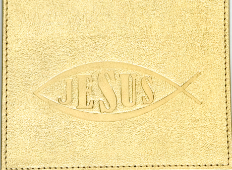Обложка для паспорта (натуральная цветная кожа) , "Рыбка-Jesus" термопечать, цвет золотистый