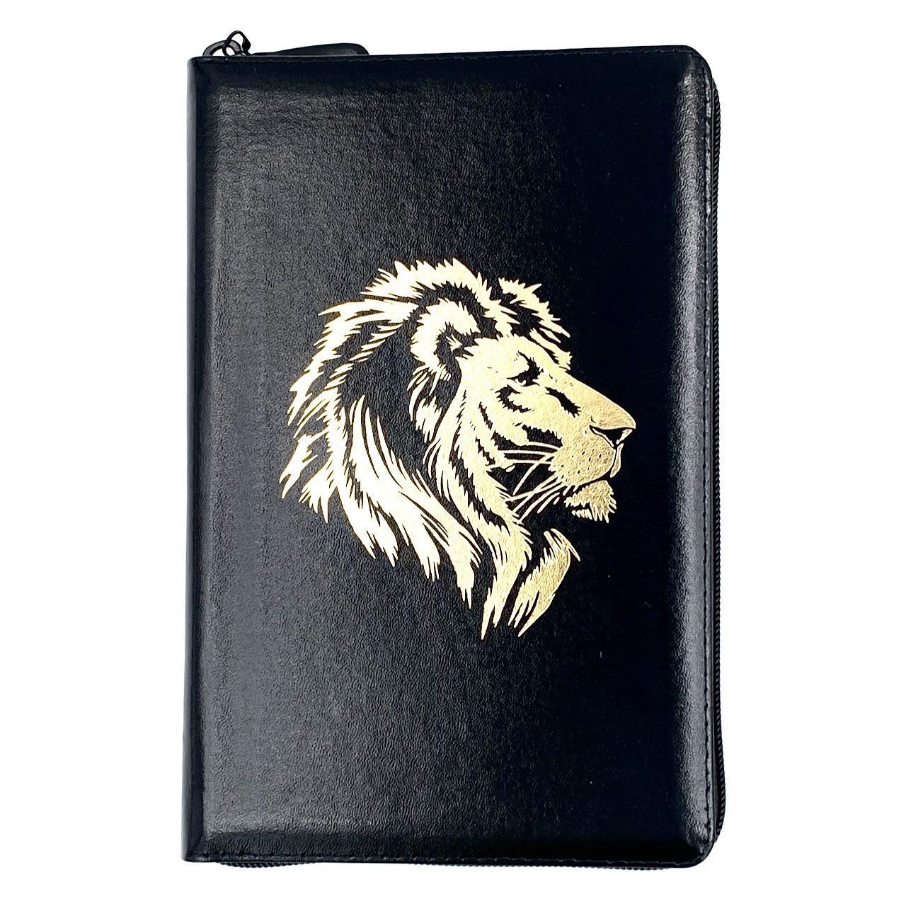 Библия 055z код 25055-28 кожаный переплет на молнии, цвет черный металлик, дизайн золотой лев, средний формат, 143*220 мм