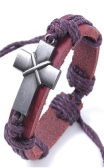 Браслет кожаный с металлическим Крестом, цвет: серебро, кожа, завязки цвета молочного шоколада