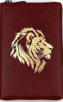 Библия 055zti код D10 дизайн "золотой лев", кожаный переплет на молнии с индексами, цвет бордо пятнистый, средний формат, 143*220 мм, параллельные места по центру страницы, белые страницы, золотой обрез