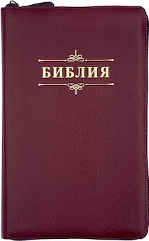 Библия 055z код 23055-26 надпись "Библия с вензелем", кожаный переплет на молнии, цвет бордо пятнитый, средний формат, 143*220 мм