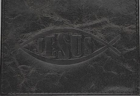 Обложка для паспорта (натуральная цветная кожа) , "Рыбка-Jesus" термопечать, цвет черный мрамор