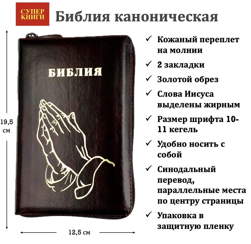 Библия 048 z код 25048-14 дизайн "Золотые руки молящегося", кожаный переплет на молнии, цвет темно-бордовый с прожилками, формат 125*195 мм