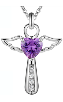 Кулон серебряный "изящный Ангел со стразом фиолетового цвета в виде сердечка" на цепочке с небольшими звеньями  (длина 46 + 5 см), в специальном подарочном мешочке