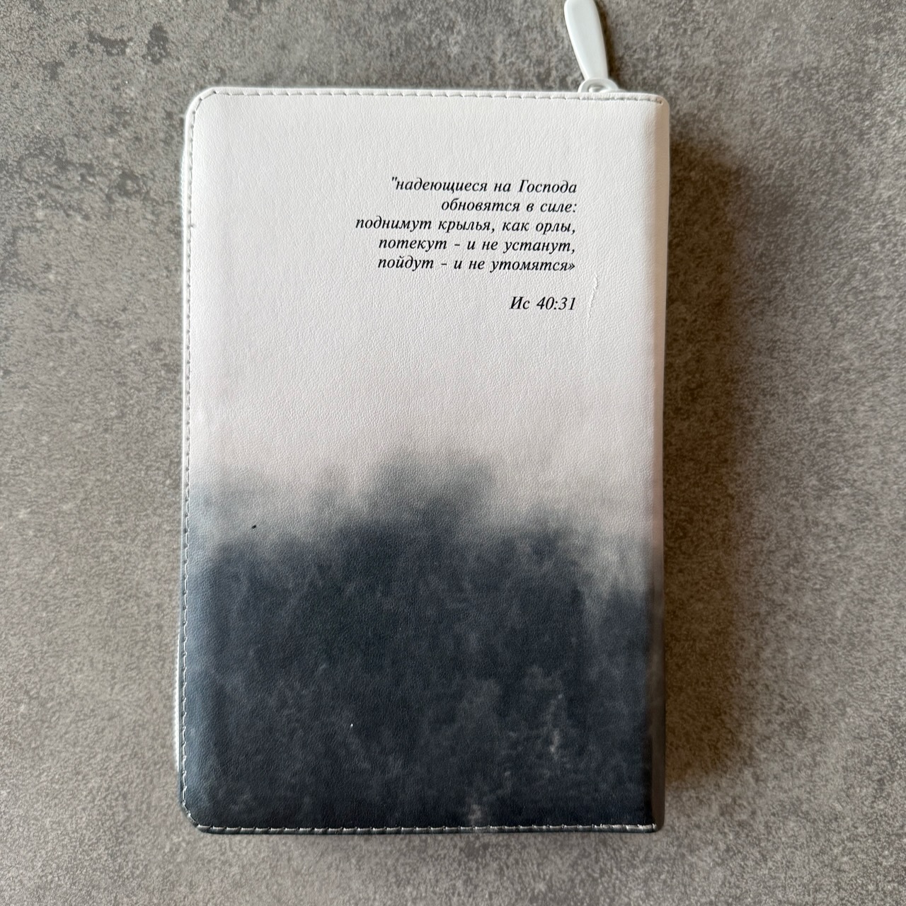 Дисконт. На задней стороне обложки справа от стиха из библии зацепка в виде полосы. Библия 048 zti код 25048-54 цветная печать "орел", переплет из искусственной кожи  на молнии с индексами, формат 125*195 мм, золотой обрез