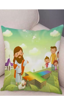 Цветной чехол на подушку из мягкой ткани на молнии, полноцветная печать, рисунок "Иисус, крест и дети"  детская, размер 45 на 45 см