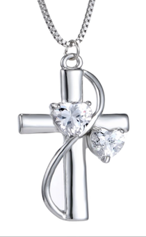 Кулон серебряный "Крест с двумя сердечками-стразами"  размер 15*35 мм, на длинной цепочке (длина 46 см)