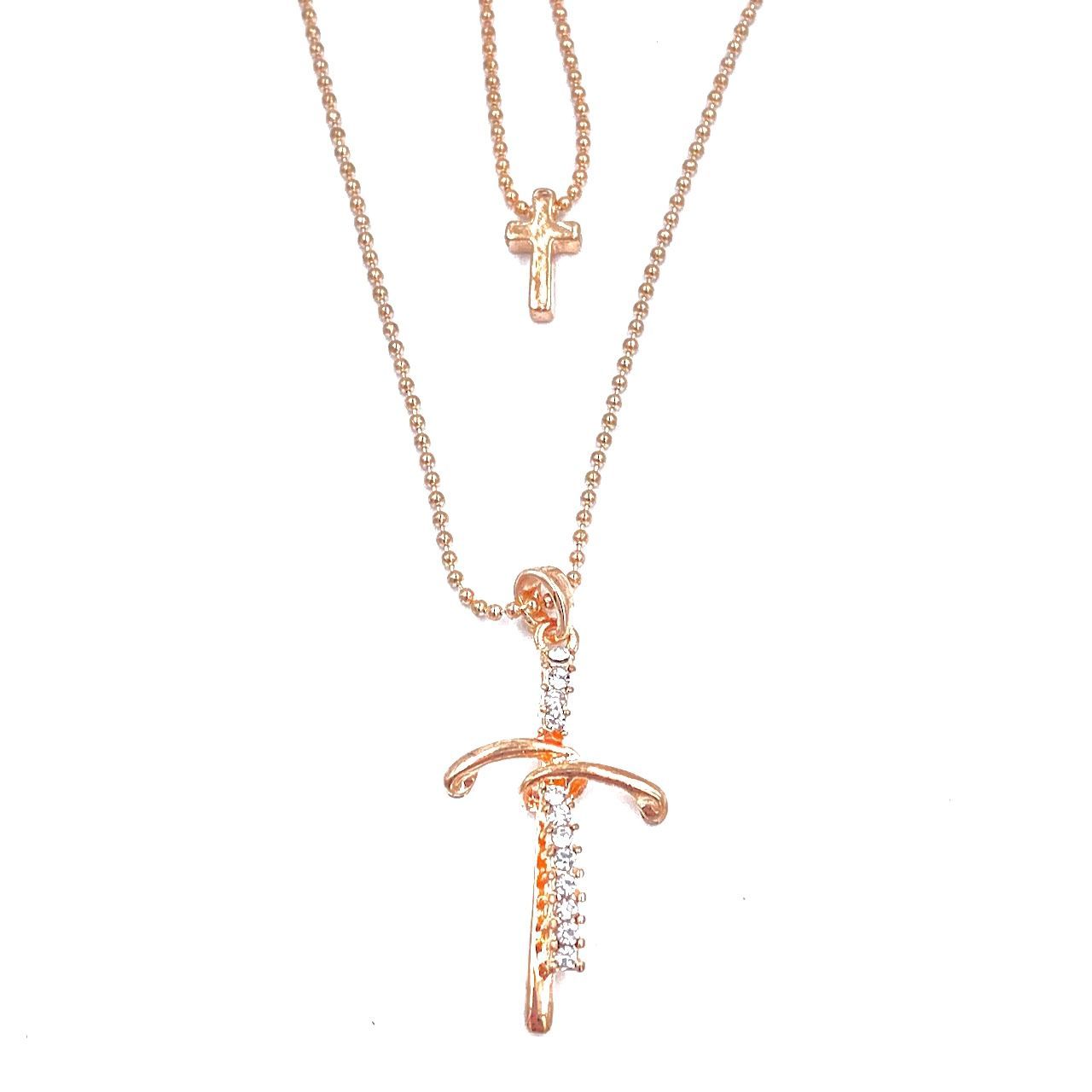 Кулон металлический "два крестика"  с двумя цепочками (длина 46 + 5 см) цвет золото