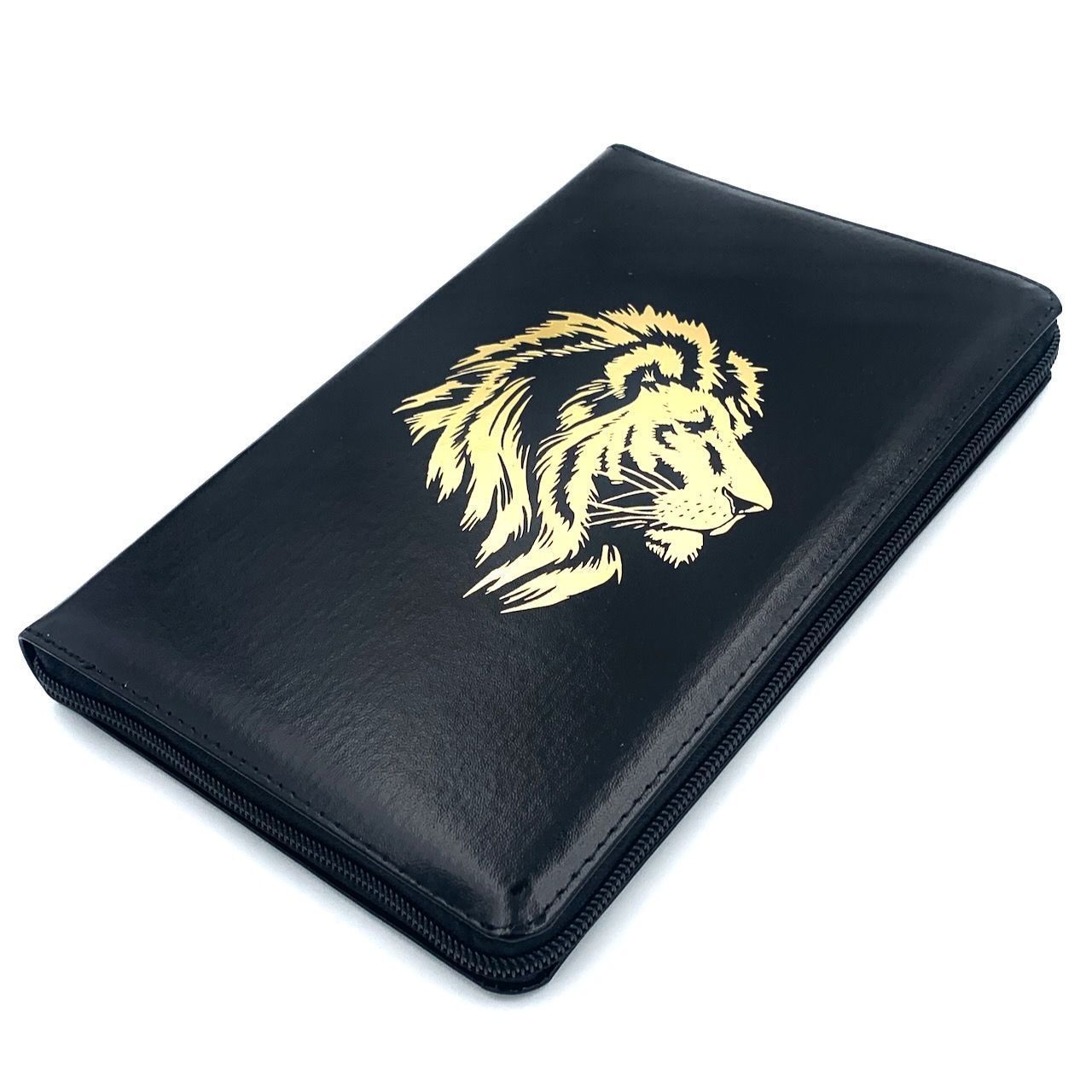 Библия 055zti код 24055-48 дизайн "золотой лев", кожаный переплет на молнии с индексами, цвет черный металлик, средний формат, 143*220 мм