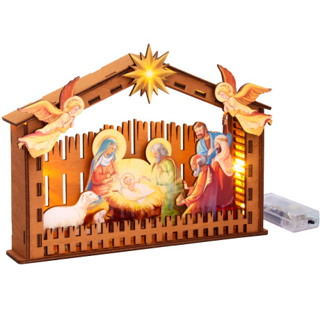 Настольный деревянный 3Д сувенир "Рождественский вертеп с подсветкой", размер 22*16*4 см, объемная цветная композиция из дерева