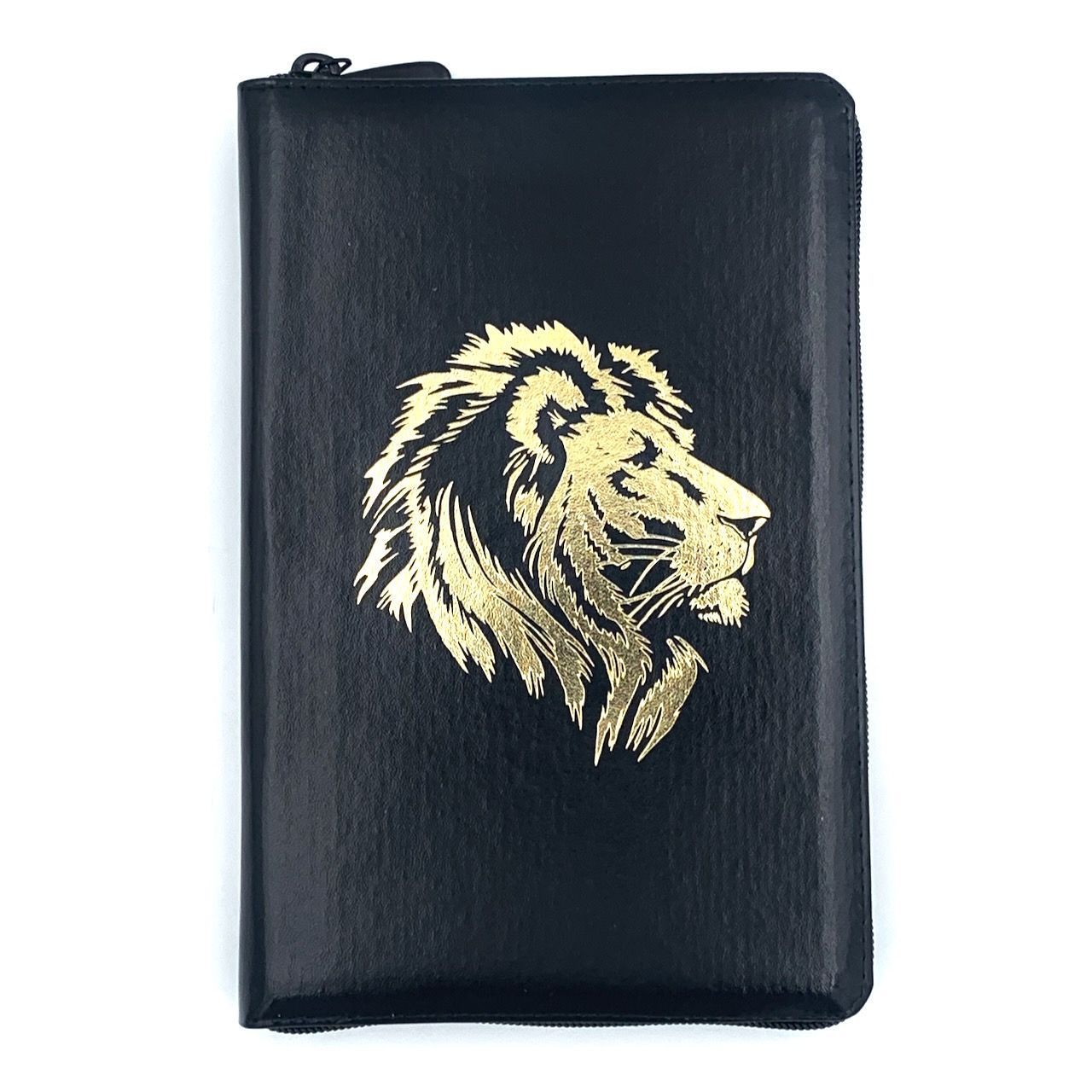 Библия 055zti код 24055-48 дизайн "золотой лев", кожаный переплет на молнии с индексами, цвет черный металлик, средний формат, 143*220 мм
