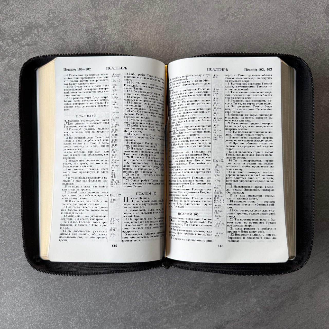 Библия 055z код 25055-16 "Библия с вензелем", кожаный переплет на молнии, цвет черный гладкий, средний формат, 143*220 мм