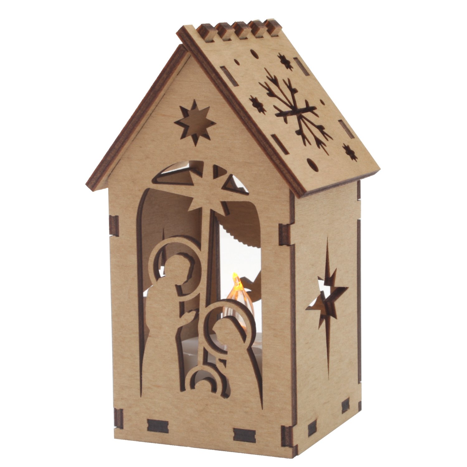 Сборная модель - конструктор "Домик рождественский с подсветкой Рождение Иисуса и Ангел" из 7 деталей, размер в собранном виде 5х5х10,5 см, Материал: фанера. В комплекте светодиодная свеча с батарейкой Цвет коробки зеленый