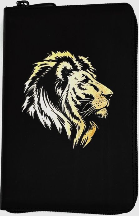 Библия 048 zti код 25048-6 дизайн "золотой лев", кожаный переплет на молнии с индексами, цвет черный с прожилками, формат 125*195 мм