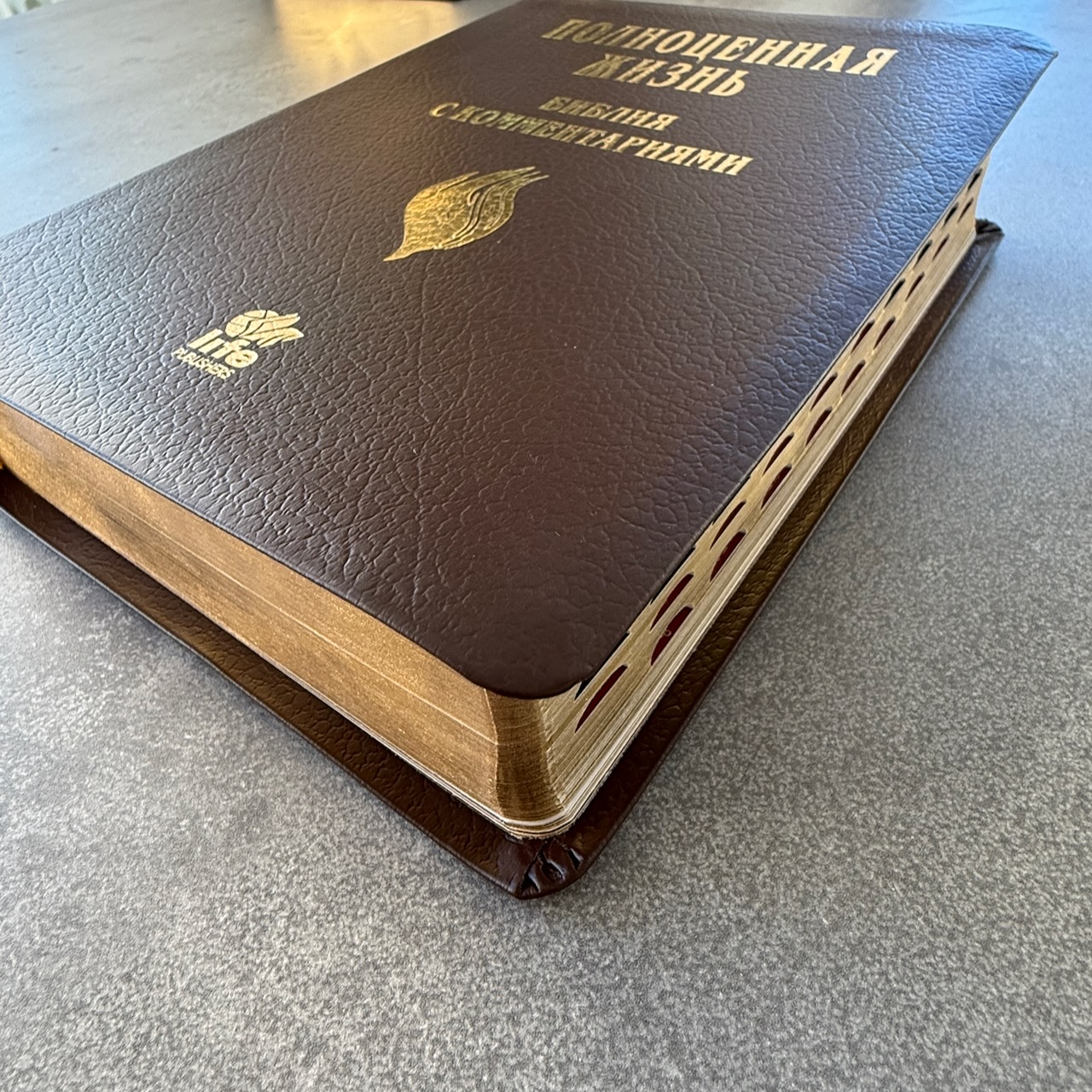 Библия с комментариями "Полноценная жизнь" 065TI, код 25065-10, кожаный переплет, две закладки, цвет коричневый пятнистый, цветные карты
