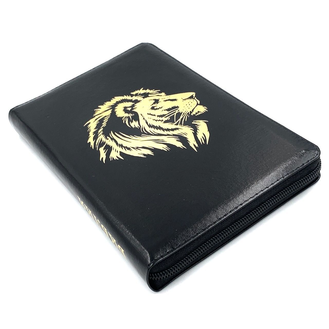 Библия 055z код 25055-28 кожаный переплет на молнии, цвет черный металлик, дизайн золотой лев, средний формат, 143*220 мм