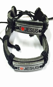 Браслет кожаный с металлической платиной с надписью "I love JESUS", "темно-шоколодные" шнурочки