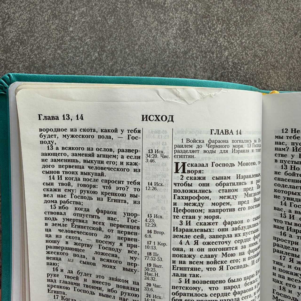 Дисконт №3  замятие 1 страницы Исход 13:13 стих. Библия 055 код 25055-60 дизайн "Библия с вензелем", переплет из эко кожи, цвет бирюзовый, средний формат, 143*220 мм