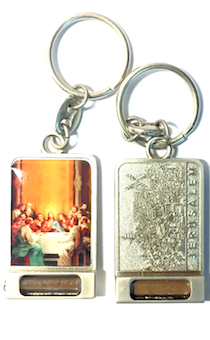 Брелок металлический прямоугольный с изображением "Тайная вечеря" с другой стороны "Иерусалим" с капсулой со Святой Земли