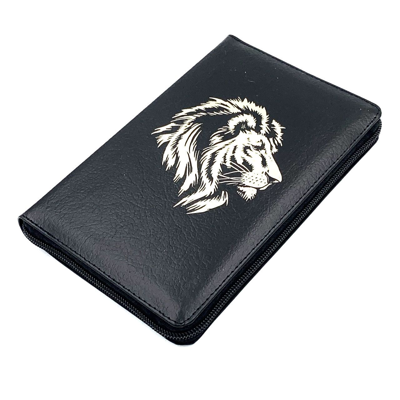 Библия 048 zti код 25048-2  дизайн "золотой лев", кожаный переплет на молнии с индексами, цвет черный пятнистый, формат 125*195 мм