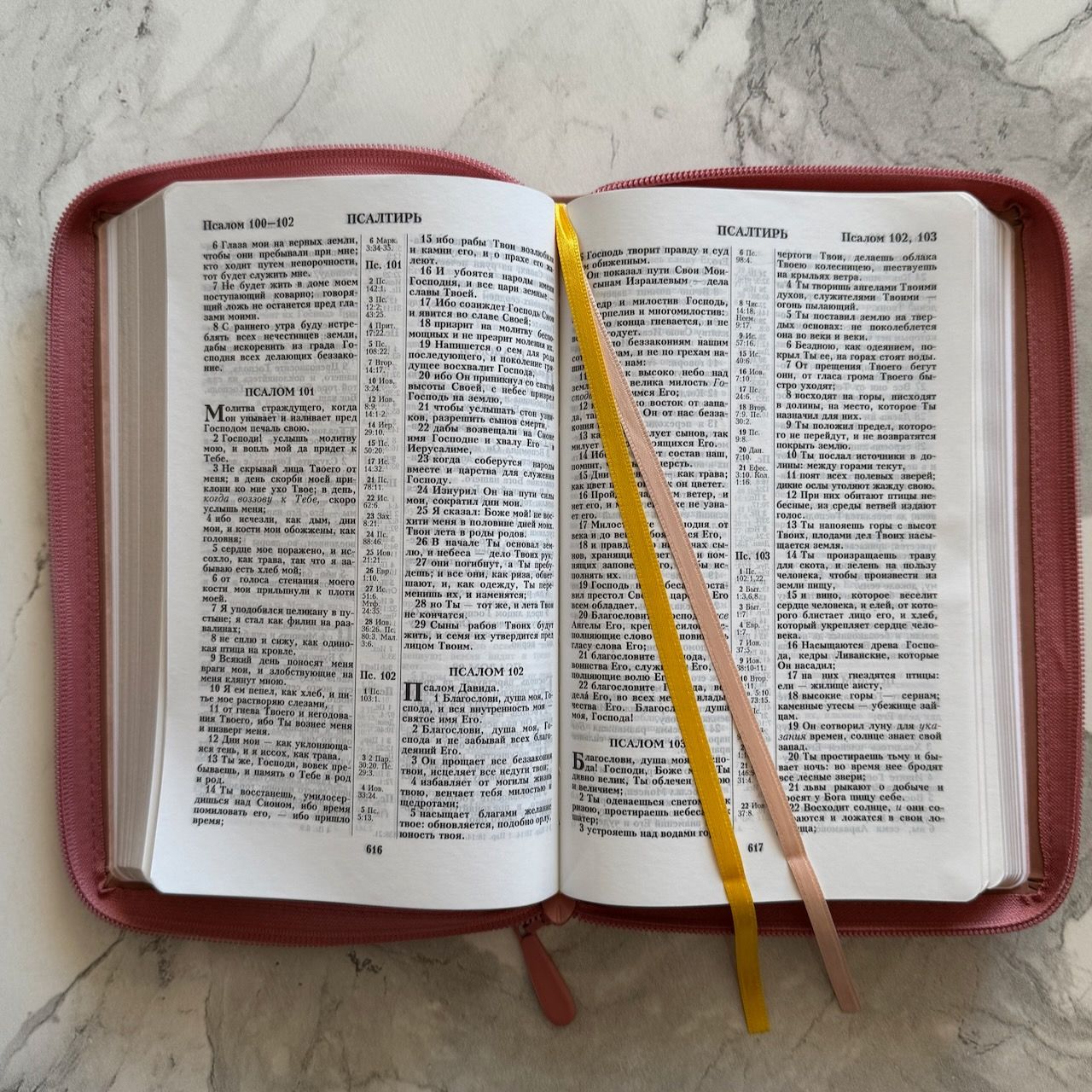 Библия 055 z код 26055-23 слово "Библия с вензелем", переплет из эко кожи на молнии, цвет персиковый, средний формат, 143*220 мм