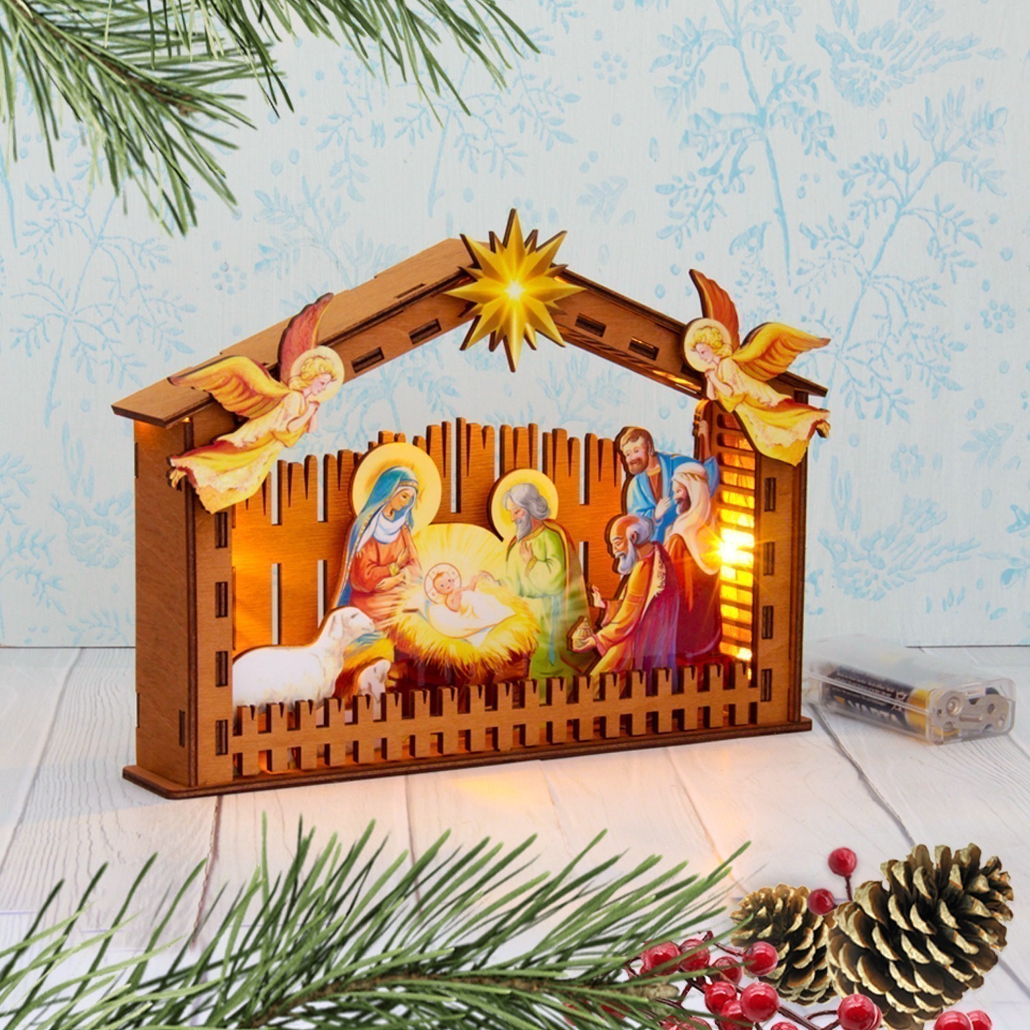 Настольный деревянный 3Д сувенир "Рождественский вертеп с подсветкой", размер 22*16*4 см, объемная цветная композиция из дерева