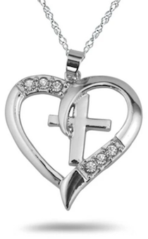 Кулон серебряный "Сердце со стразами внутри крестик"  размер 20*27 мм, на цепочке с небольшими звеньями (длина 46 см)