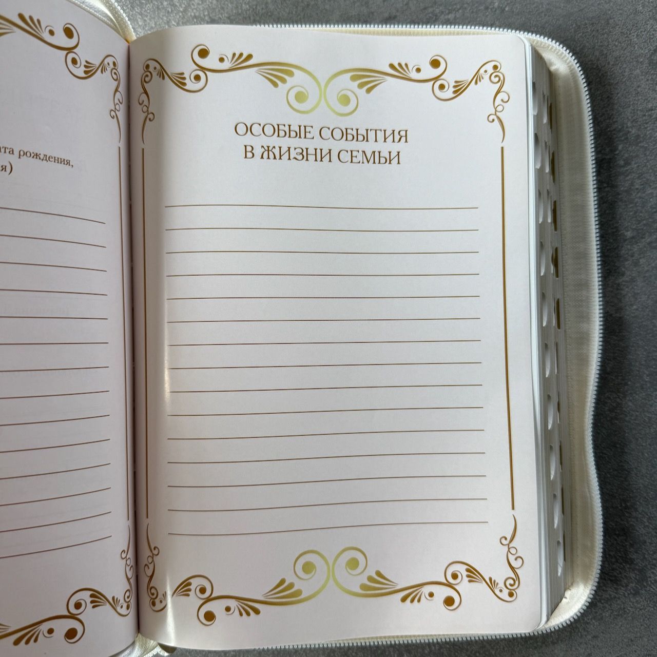 Дисконт еле заметная серая точка на лицевой обложке слева по центру. Библия 076zti код 25076-11,  "Семейная библия", улучшенный кожаный переплет на молнии с индексами,  цвет белый, размер 170x240 мм