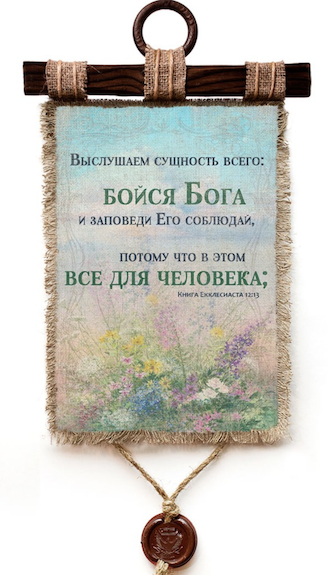 Украшение на стену - Свиток (панно на мешковине, цветное) "Выслушаем сущность всего: бойся Бога и заповеди Его соблюдай, потому что в этом все для человека; ибо всякое дело Бог приведет на суд, и все тайное, хорошо ли оно, или худо" Екклесиаст 12:13-14