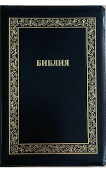 Библия 076z код B1,  дизайн "золотая рамка растительный орнамент", кожаный переплет на молнии, цвет черный металлик, размер 180x243 мм