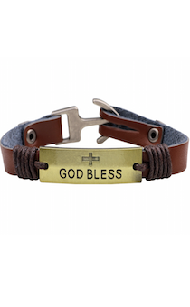 Браслет кожаный с металлической плаcтиной с крестом (золотой отлив), с надписью "GOD BLESS", застежка якорь