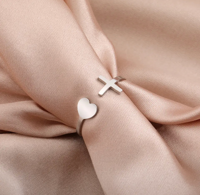 Кольцо универсальное, материал сталь, размер регулируется, КРЕСТ и СЕРДЕЧКО ,  цвет "серебро", металлик