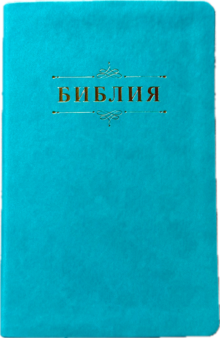 Дисконт №2  на задней сторой обложке, в верху по центру серая черточка. Библия 055 код 25055-60 дизайн "Библия с вензелем", переплет из эко кожи, цвет бирюзовый, средний формат, 143*220 мм