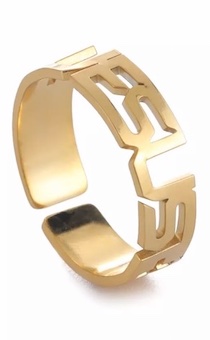 Кольцо универсальное, материал сталь,  надпись "JESUS" и крест,  цвет "золото", размер регулируется
