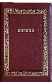 Библия 076z код B4,  дизайн "золотая рамка растительный орнамент", кожаный переплет на молнии, цвет бордо пятнистый, размер 180x243 мм