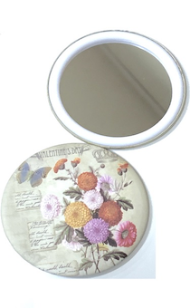 Зеркальце карманное круглое "Цветы- фон бежевый, букет полевых цветов", с одной стороны рисунок с другой стороны зеркало,  диаметр 75 мм №04