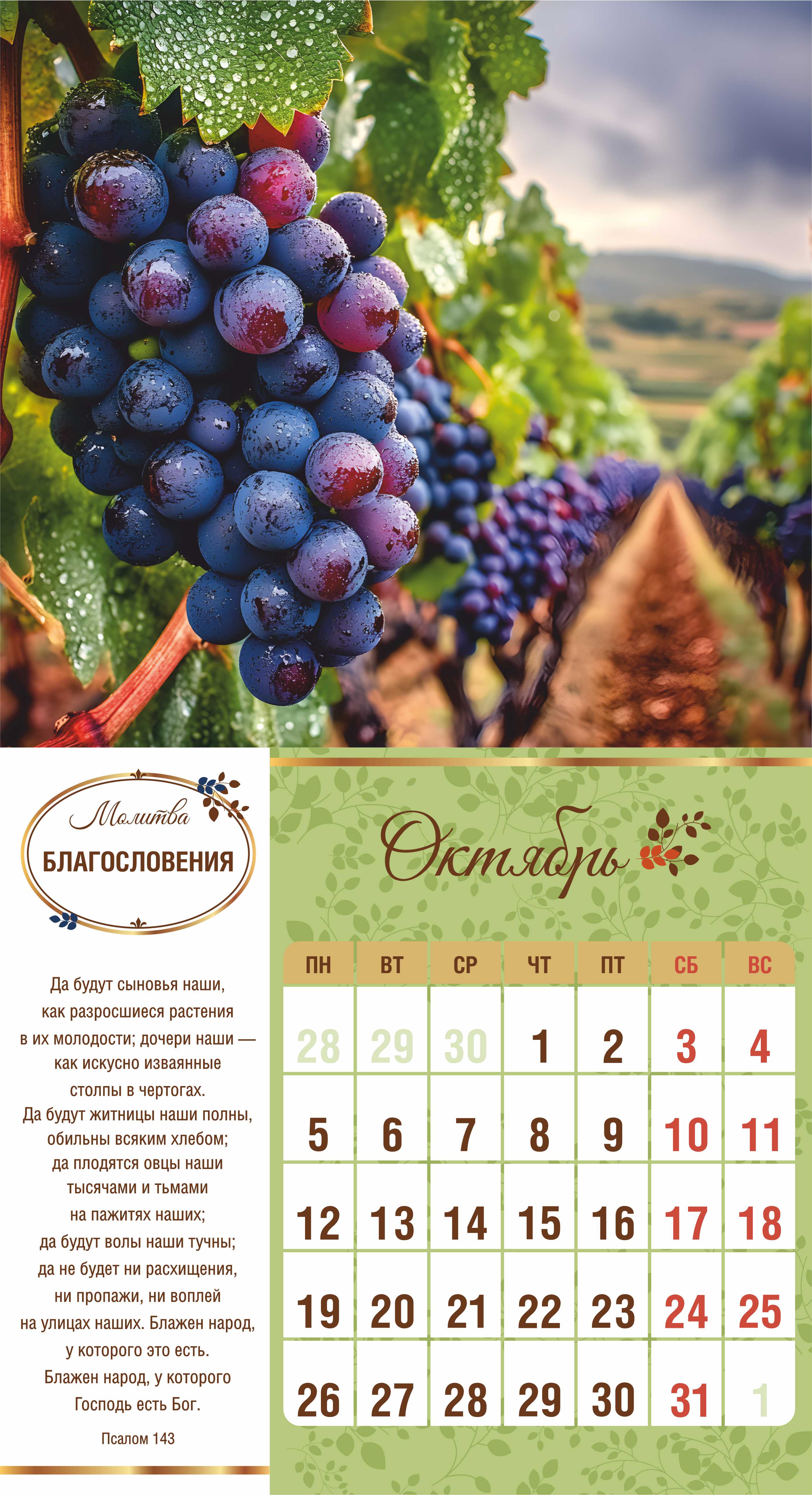 Календарь перекидной на скобе на 6 листах на 2026 год 220*240 см  "Свет Молитвы"