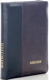 Библия 046DTzti формат, переплет из натуральной кожи на молнии с индексами,  термо орнамент и надпись золотом "Библия", цвет черный/ темно-коричневый, средний формат, 132*182 мм, цветные карты, шрифт 12 кегель