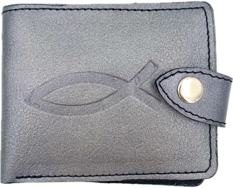 Портмоне на кнопке (натуральная кожа). Термо штамп "Рыбка,", отделение для банкнот + отделение для мелочи + 3 отделения для карточек, цвет пепельно-серый металлик 