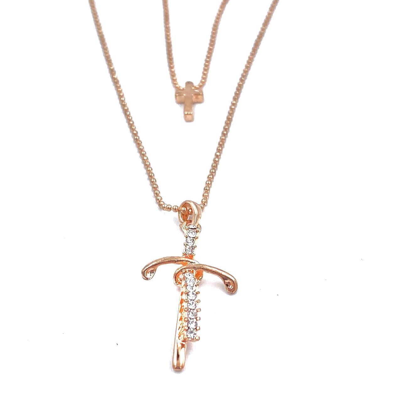 Кулон металлический "два крестика"  с двумя цепочками (длина 46 + 5 см) цвет золото