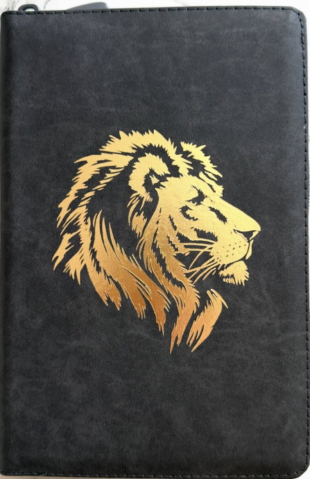 Библия 055z код 26055-14 дизайн "золотой лев", кожаный переплет на молнии, цвет серый пятнистый, средний формат, 143*220 мм