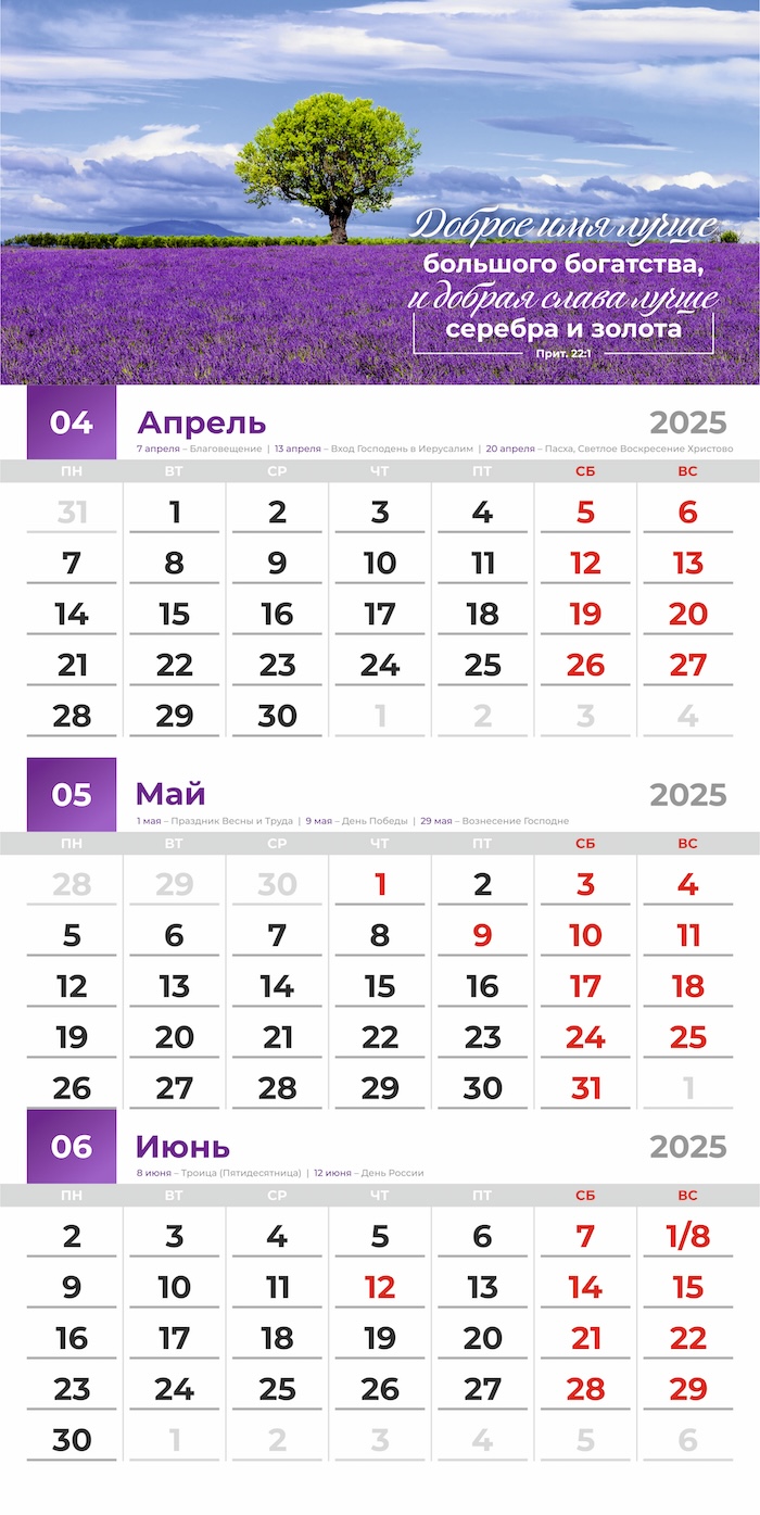Календарь перекидной на скобе квартальный "Благословенный год" на 29*29 см на 2025 на 6 листах.