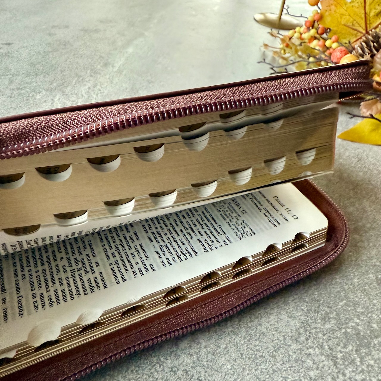 Библия 048 zti код 25048-24  дизайн "термо штамп терновый венец", кожаный переплет на молнии с индексами, цвет коричневый, формат 125*195 мм