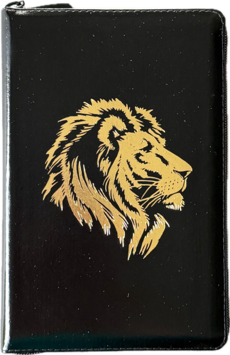 Библия 055z код 25055-28 кожаный переплет на молнии, цвет черный металлик, дизайн золотой лев, средний формат, 143*220 мм