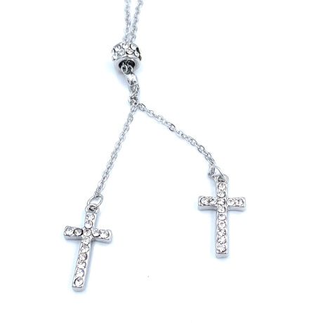Кулон серебряный "два крестика со стразами" (10*18 мм) на цепочке с небольшими звеньями  (длина 46 + 5 см)